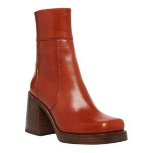 Steve Madden Asset Ankle Boot Cognac Leather Square Toe Block Heel Side Zipper